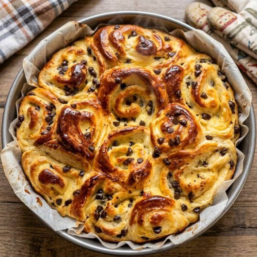 Brioche gâteau le chinois aux pépites de chocolat tout juste sortie du four dans son moule.