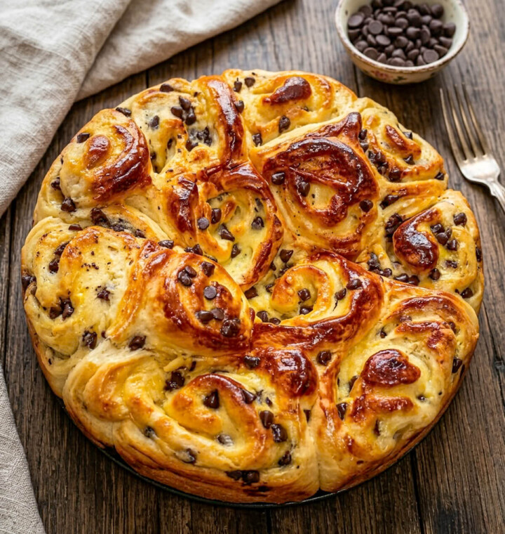 Gâteau chinois (Schneckenkuchen) brioché : spirale moelleuse à la crème pâtissière vanillée et pépites de chocolat, dessert allemand traditionnel.