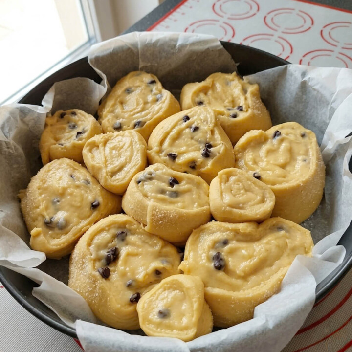 Préparation de la pâte à brioche du gâteau chinois avec pépites de chocolat, disposée dans un moule avant la première pousse.