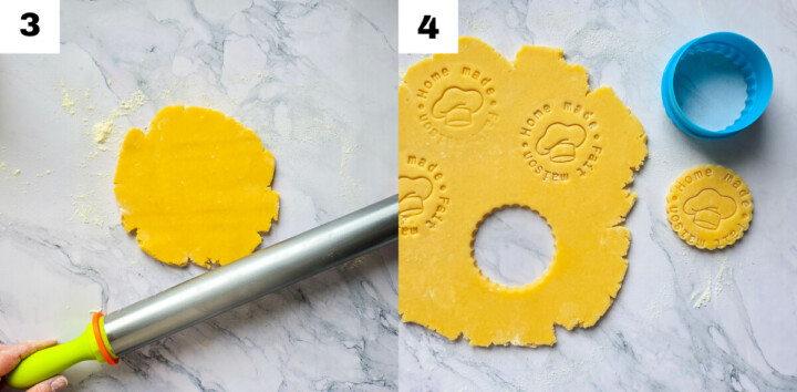 Étaler une pâte sablée et former des sablés bretons à l'aide d'un emporte-pièce.