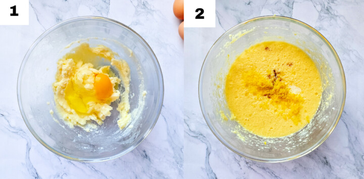 Étapes photos pour faire un cake au caramel et pralines roses.