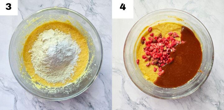 Étapes photos pour faire un cake au caramel pralines roses.