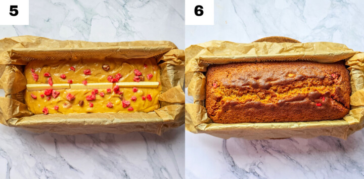 Étapes photos pour faire un cake au caramel et pralines roses.