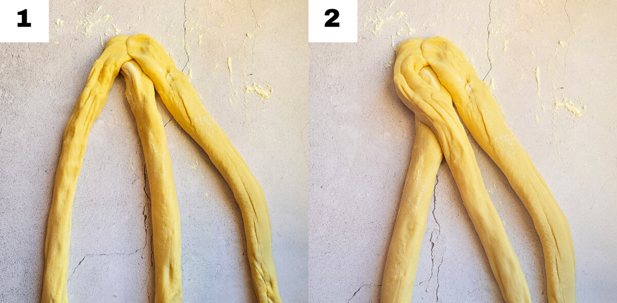 Étapes photos pour tresser une brioche à 3 brins.