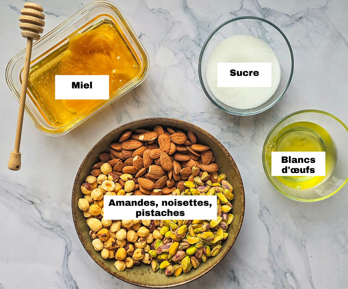 Les ingrédients pour faire du nougat maison facile.