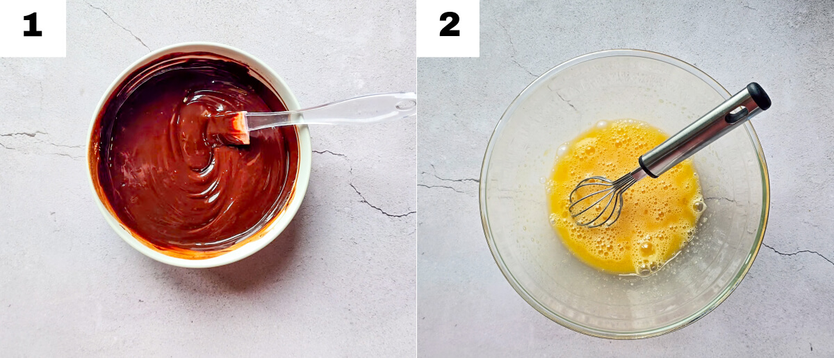 Un collage photo des étapes pour faire un fondant chocolat caramel.