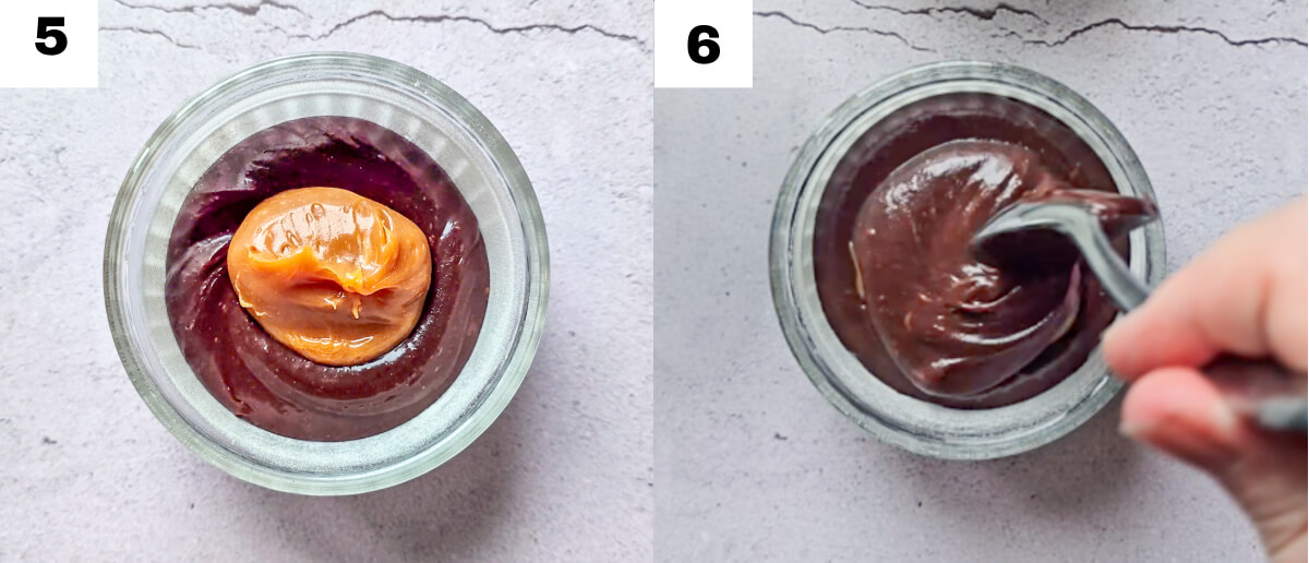 Un collage photos des étapes pour faire un fondant chocolat caramel.