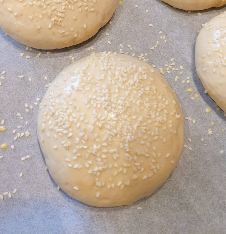 Des pains burger briochés avant cuisson, sur une plaque de cuisson.