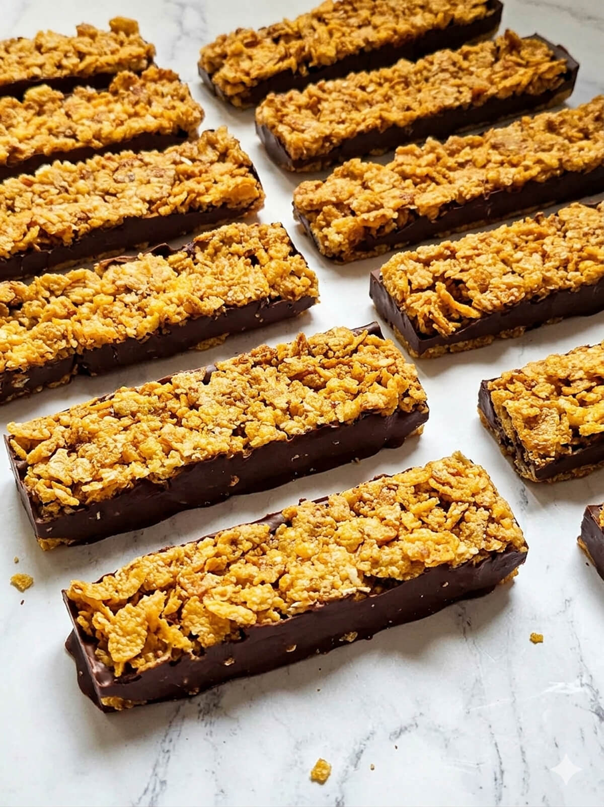 Barres de cornflakes au chocolat noir sur marbre, vue en angle montrant l'épaisseur du chocolat.