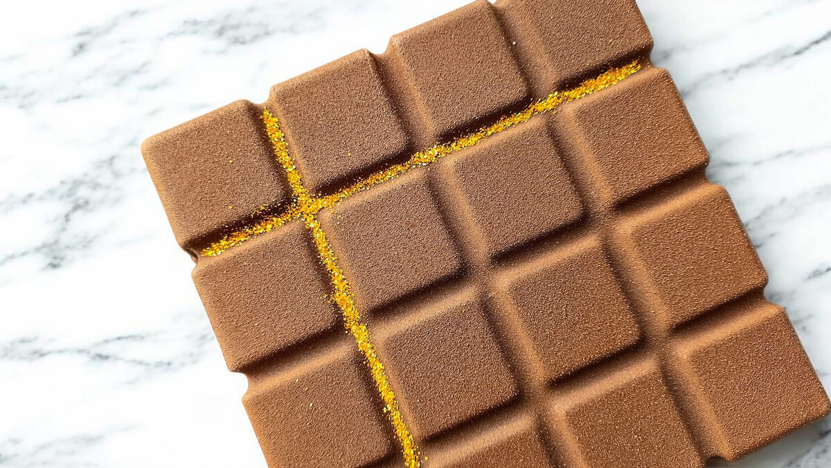 Entremets moderne aux 3 chocolats avec un flocage velours marron, décoré d'une ligne graphique de poudrage doré sur un plan de travail en marbre.