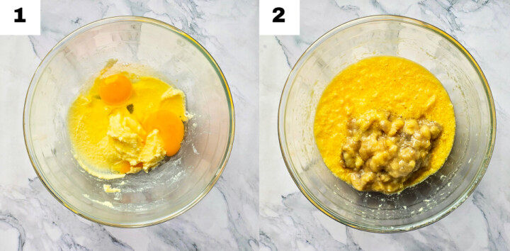 Collage photos des étapes pour faire un banana bread aux pépites de chocolat