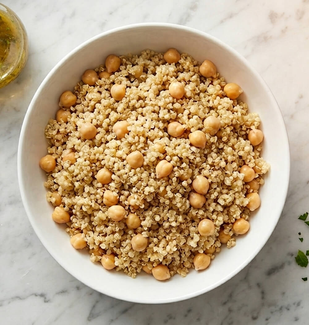 Une assiette creuse blanche remplie de quinoa et pois chiches, sur un fond blanc marbré.