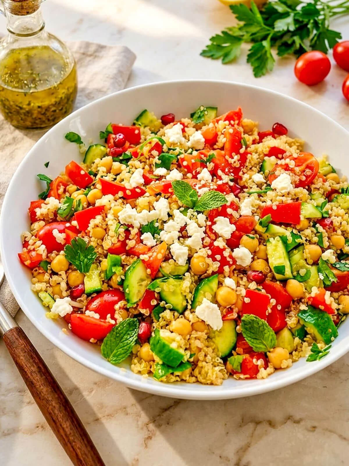 Un gros plan d'un bol blanc rempli d'une salade de quinoa colorée, de pois chiches, de dés de concombre et de tomate, garnie de féta émiettée et d'herbes fraîches, posée sur une table en marbre.