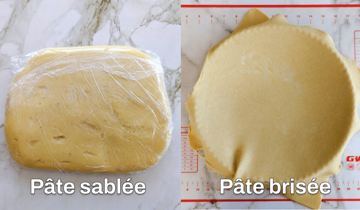 Montage montrant deux types de pâtes : à gauche, un pâton de pâte sablée compact, lisse et jaune foncé enveloppé dans du film étirable. À droite, une pâte brisée étalée finement sur un tapis de cuisson, affichant une texture plus souple, mate et une couleur beige plus claire.