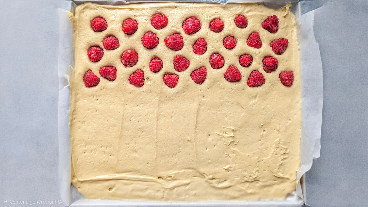 Un biscuit madeleine avant cuisson dans un moule rectangulaire pour une Bûche de Noël Fruits Rouges.
