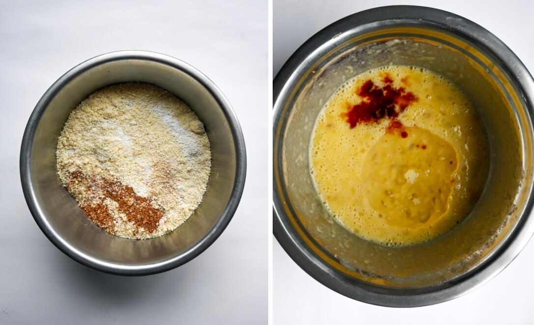 Collage photos de deux bols pour faire un banana bread healthy