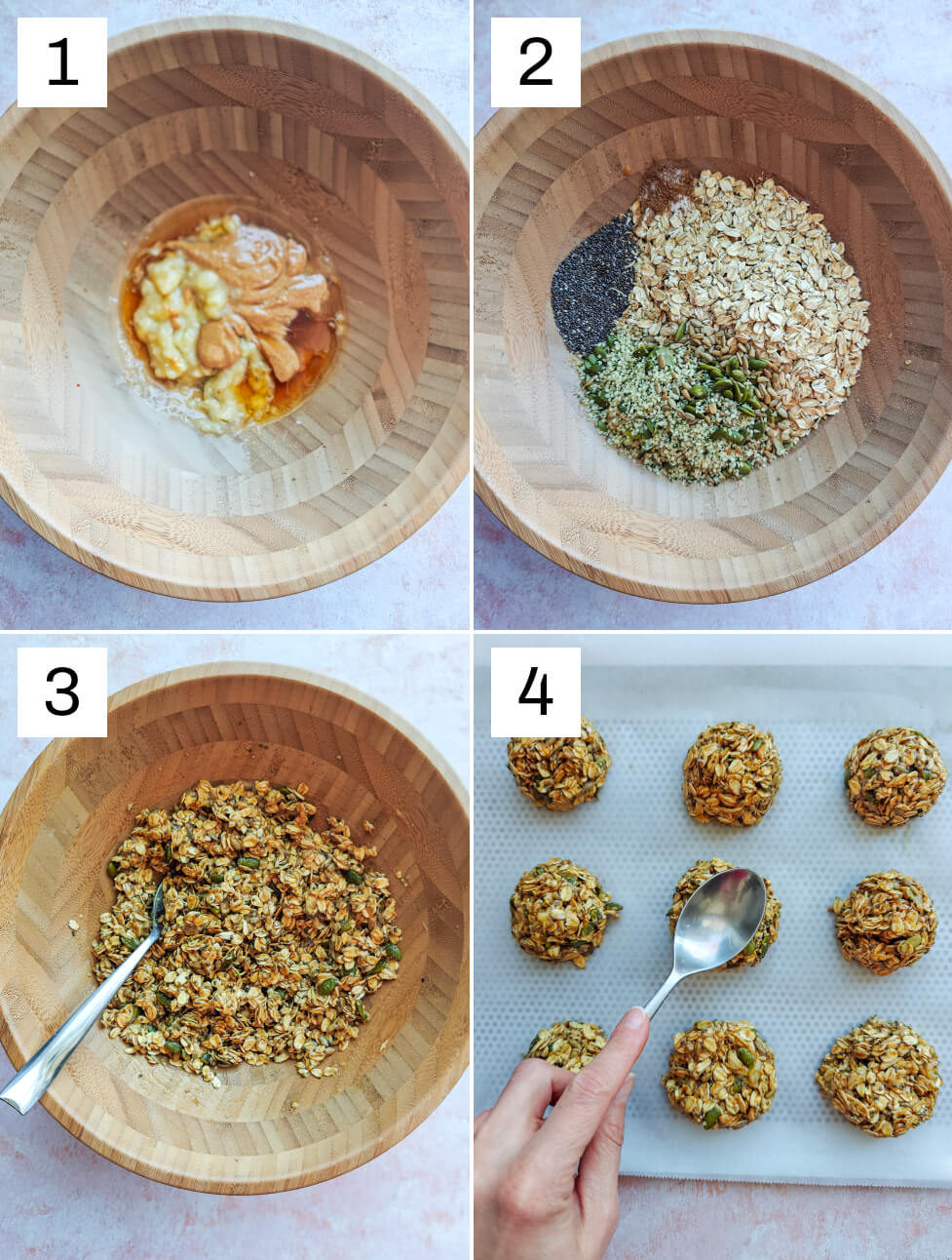 Collage photo des étapes pour faire des cookies flocons d'avoine.