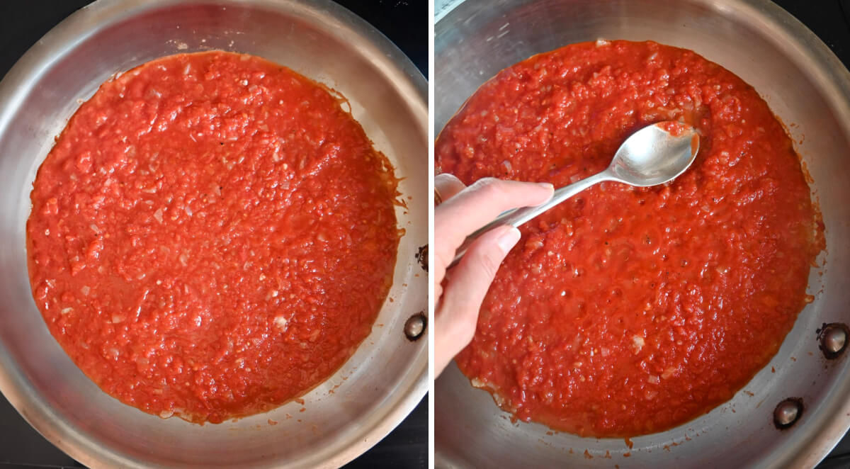 Collage photo des étapes pour faire des oeufs tomates.