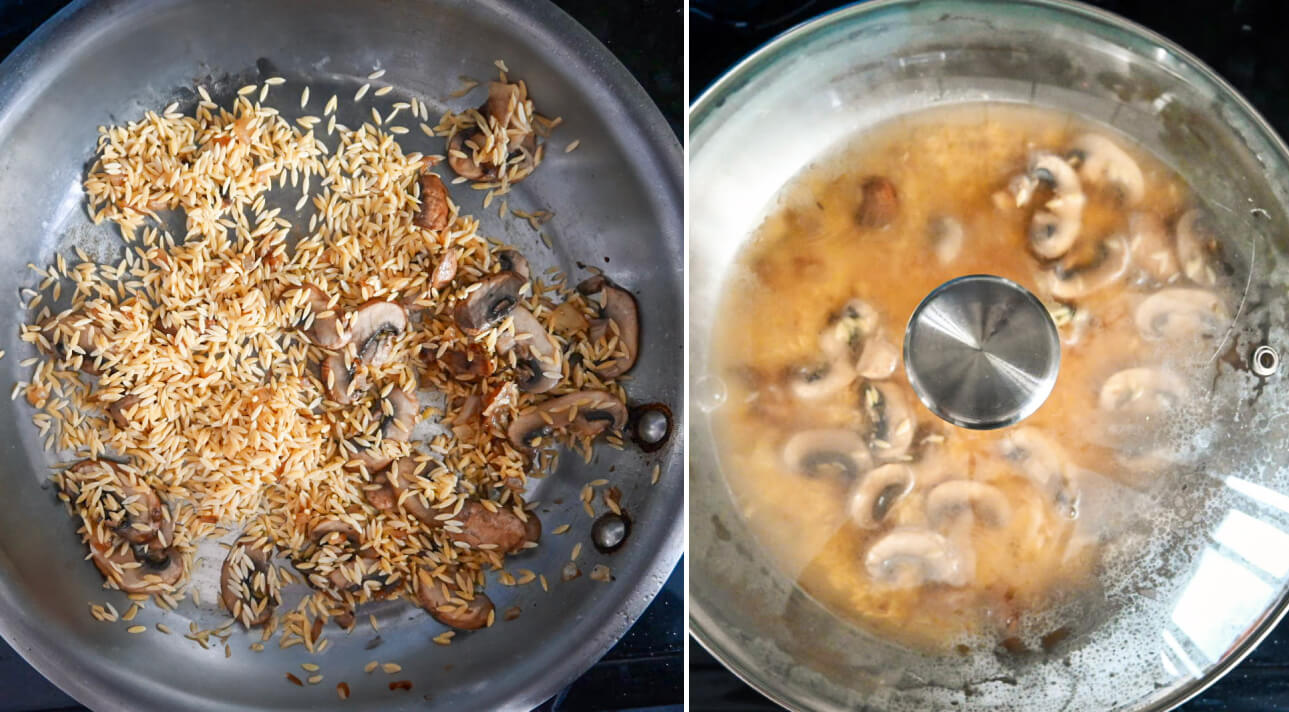 Collage photo des étapes pour faire des pates orzo.