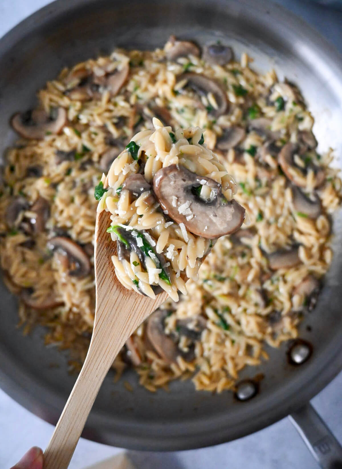 Une cuillère en bois contenant des pâtes Orzo Aux Champignons