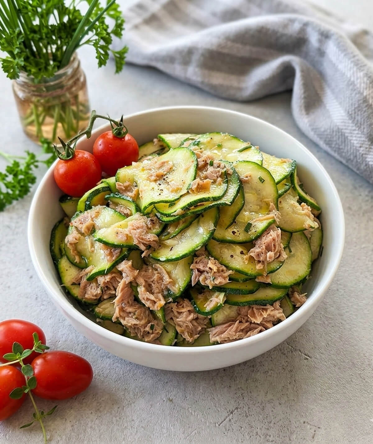 Bol de salade composée de fines rondelles de courgettes crues et de miettes de thon, agrémenté de tomates cerises et d'herbes fraîches, présenté dans un décor culinaire épuré.