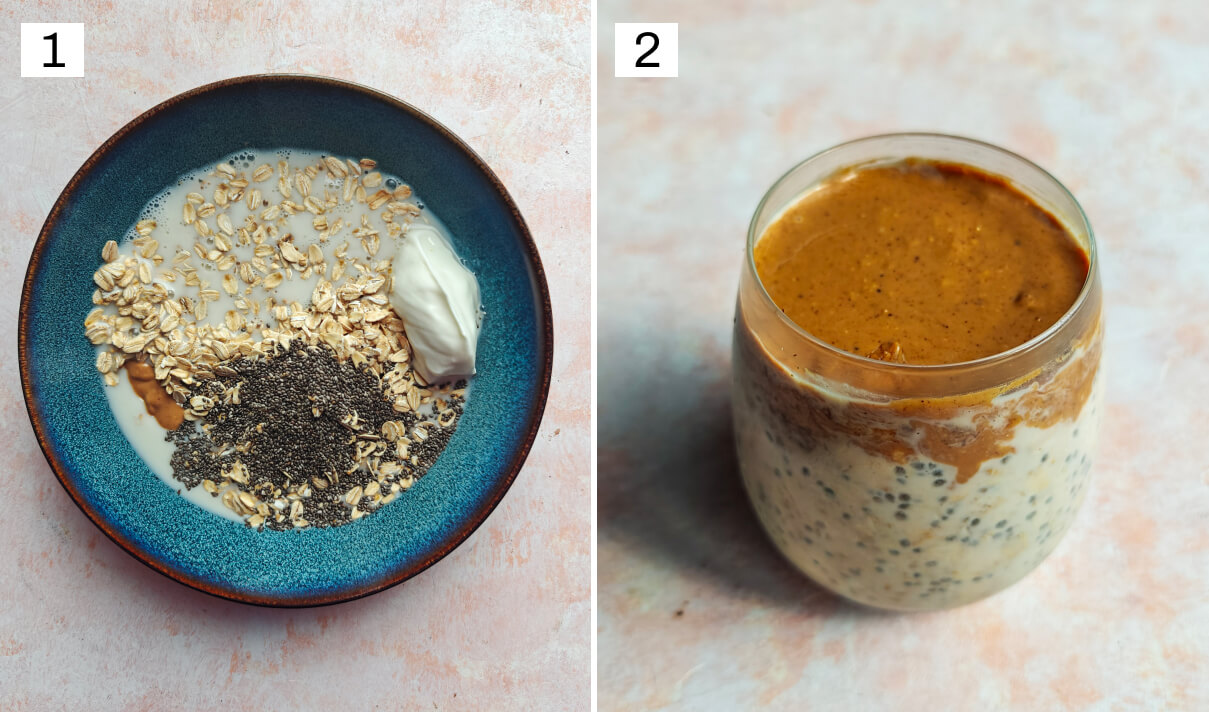 Collage photos des étapes pour faire un overnight oats.