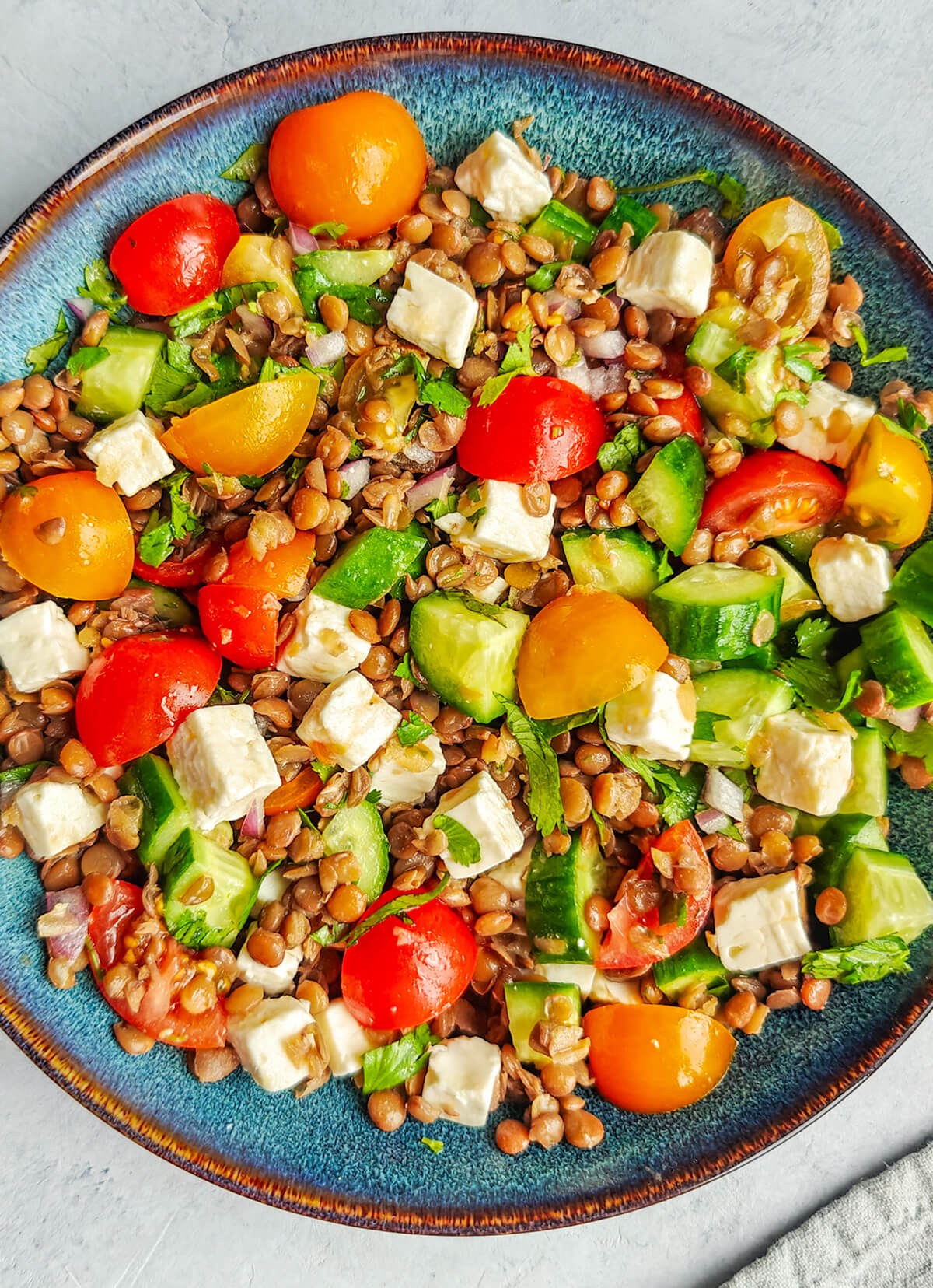 Une salade de lentilles dans une assiette creuse de couleur bleu, sur un fond blanc.