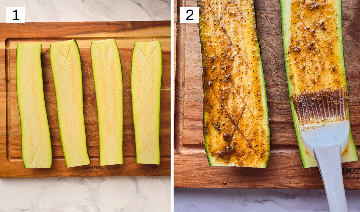Collage photo des étapes pour une recette de courgettes grillées.