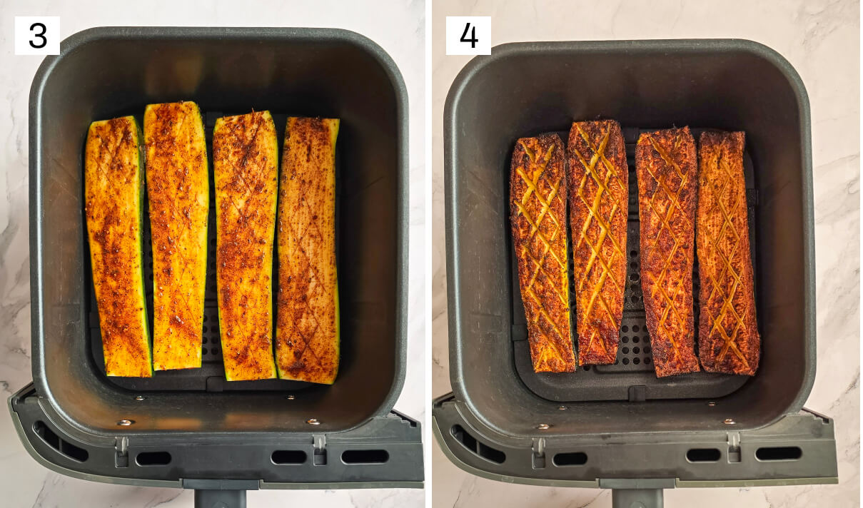 Collage photo des étapes pour une recette de courgettes grillées.