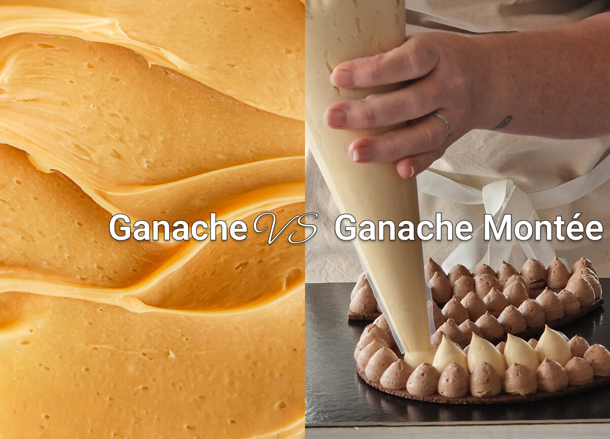 Un collage photo montrant la différence entre une ganache et une ganache montée.