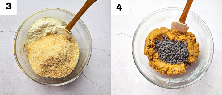 Un collage photo des étapes pour réaliser des cookies coco chocolat.