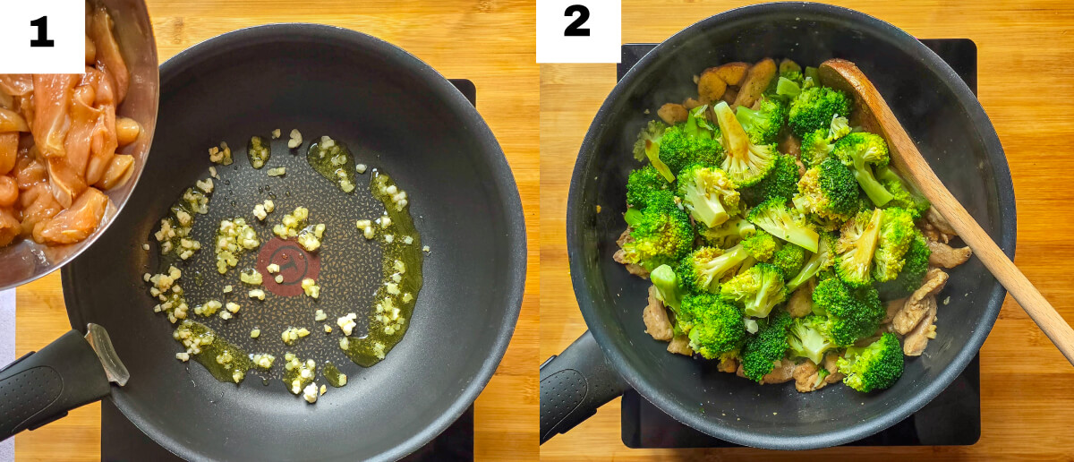Un collage photo des étapes pour faire des nouilles sautées au poulet.