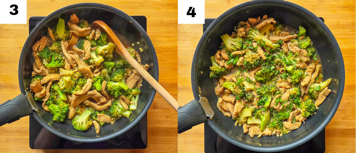 Un collage photo des étapes pour faire des nouilles sautées au poulet.