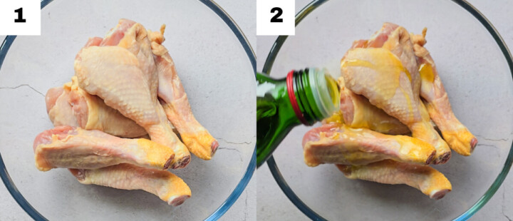 Un collage photo des étapes pour faire des pilons de poulet au airfryer.