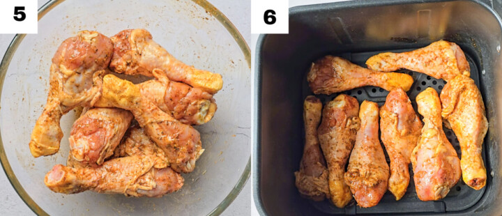 Un collage photo des étapes pour une recette de pilons de poulet airfryer.