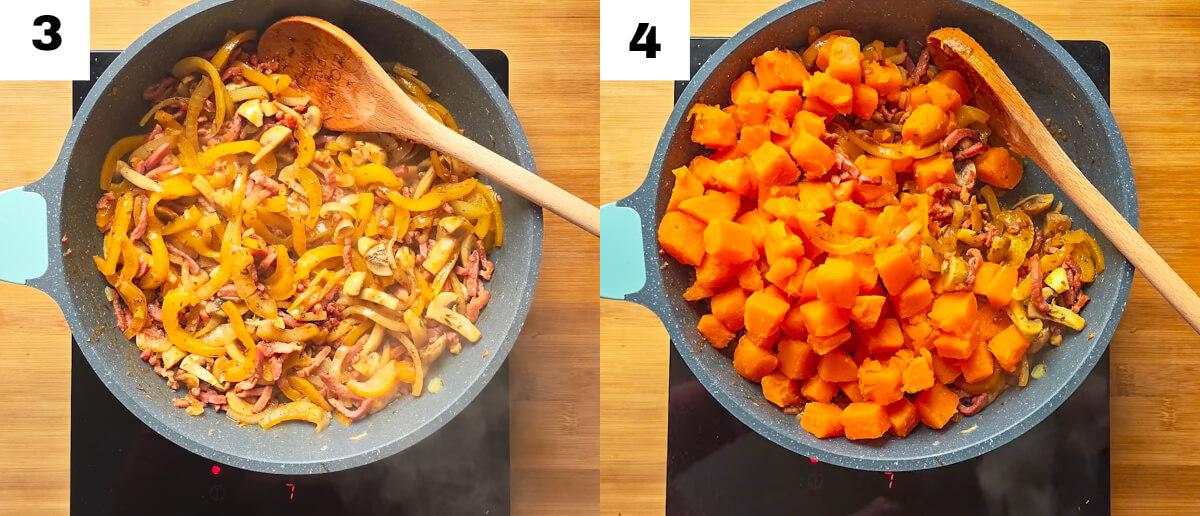 Un collage photo des étapes pour faire un gratin de patates douces.