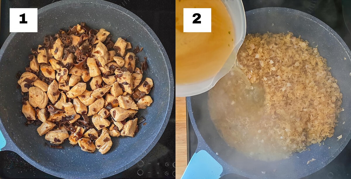 Un collage photo montrant les étapes pour faire un risotto poulet champignons.