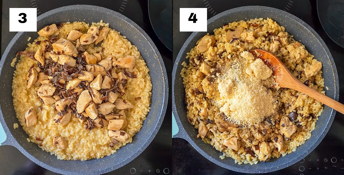 Collage photo des étapes pour faire un risotto poulet champignons.