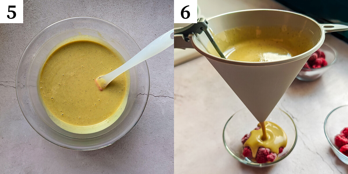 Un collage photo des étapes d'une recette de crème dessert à la pistache.