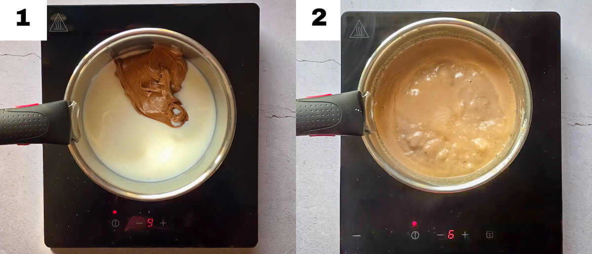 Un collage photo de la préparation de la crème : Pâte de praliné et crème liquide chauffées dans une casserole pour la recette de panna cotta.