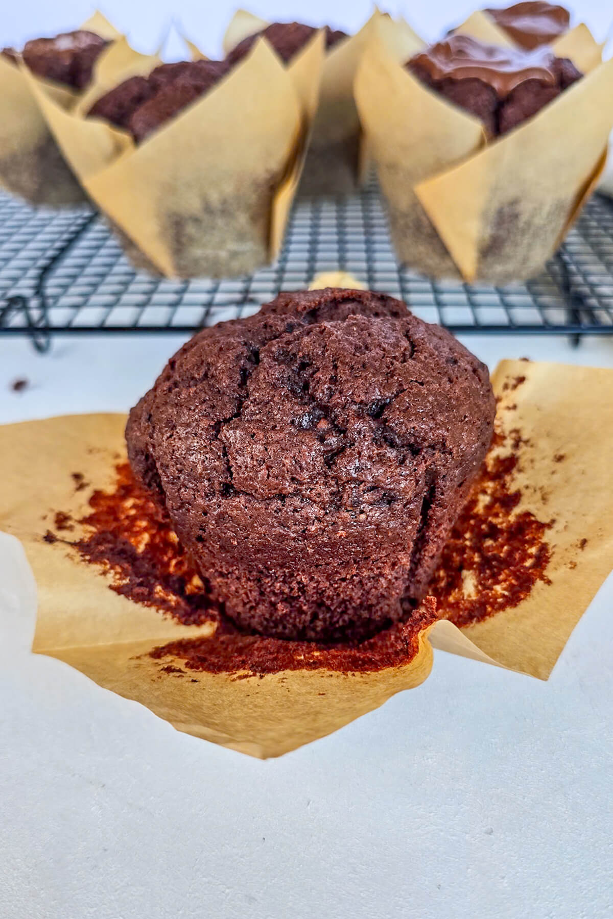 Un muffin tout chocolat sur un fond gris clair.