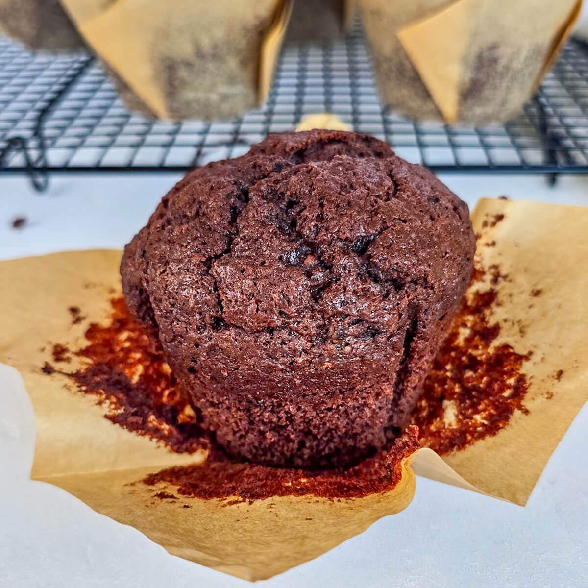Un muffin tout chocolat sur un fond gris clair.