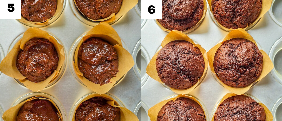 Un collage photo pour faire une recette de muffins au chocolat.