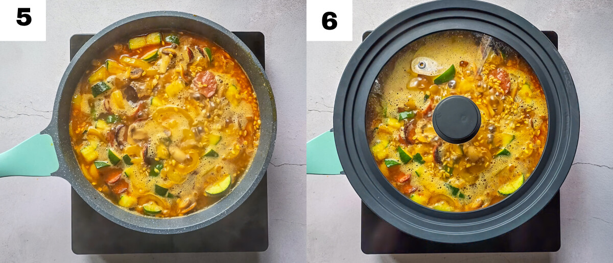 Un collage photos des étapes 5 et 6 pour faire un one pot.