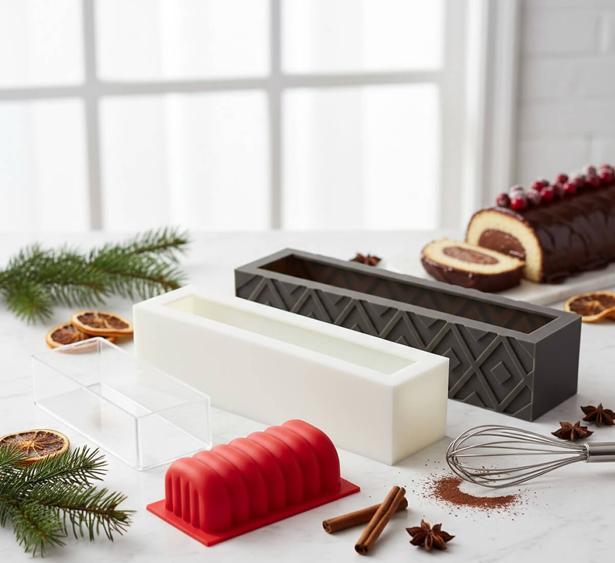 Des moules à bûches sur un fond blanc