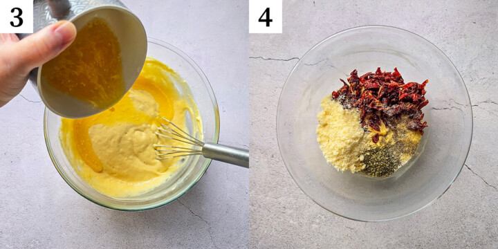 Un collage photo des étapes pour faire des madeleines salées tomates séchées.