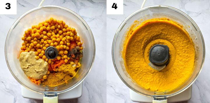 Un collage photo des étapes pour mixer le houmous dans un mixeur.