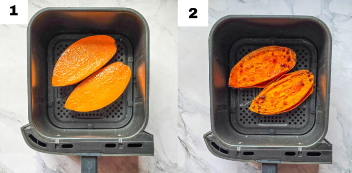 Cuisson des patates douces à l'airfryer pour une recette de houmous patate douce.