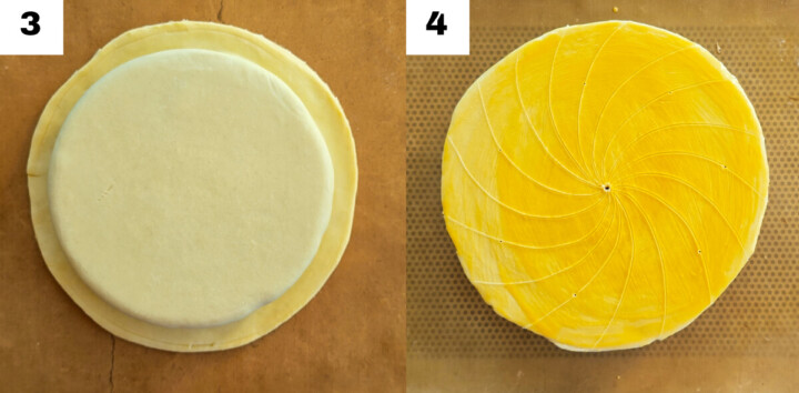 Étapes photos pour faire une galette des rois frangipane.