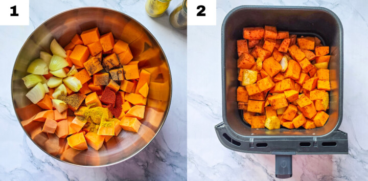 Étapes photos pour faire une recette de velouté de butternut et patates douces.